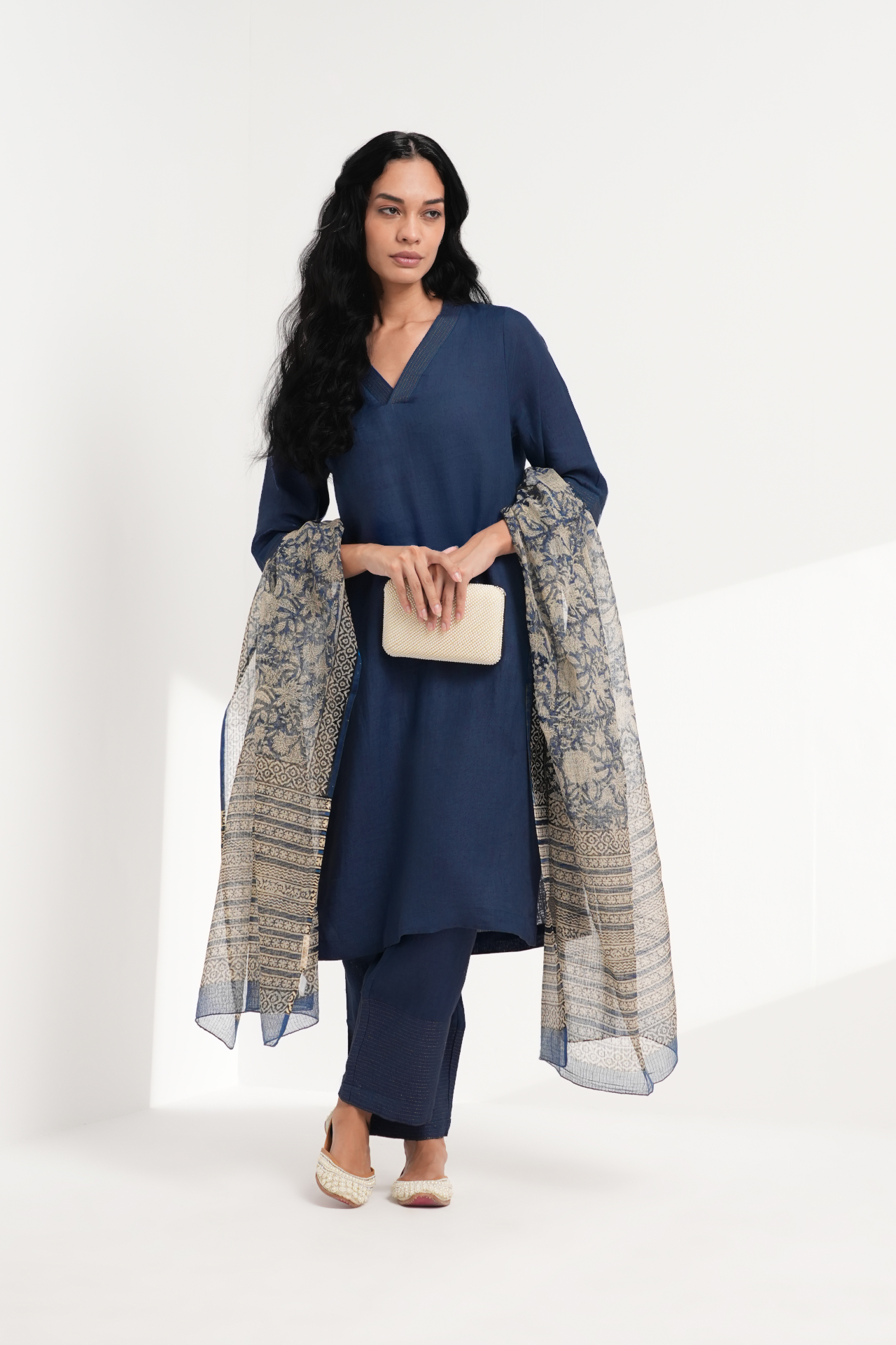 Indigo Lagoon Linen Kurta Set - Antaraa Studio