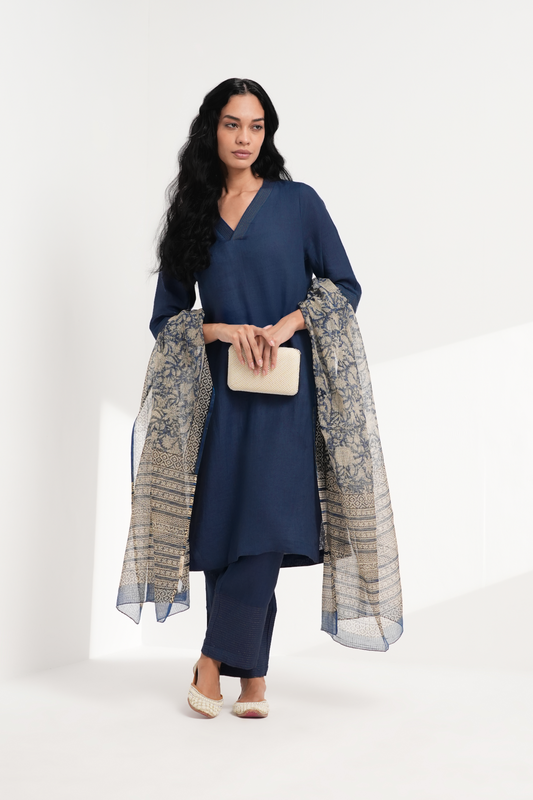 Indigo Lagoon Linen Kurta Set - Antaraa Studio