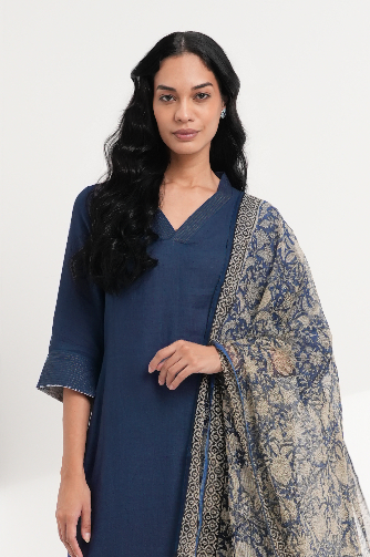 Indigo Lagoon Linen Kurta Set - Antaraa Studio
