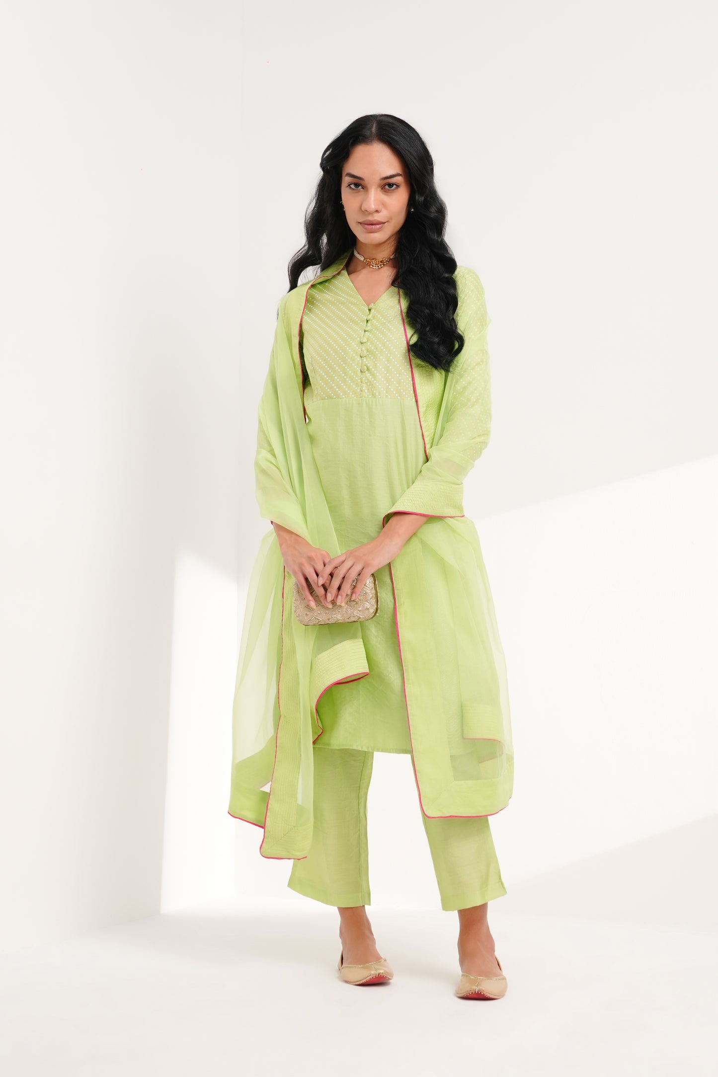 Sage Rani Chanderi Kurta Set - Antaraa Studio