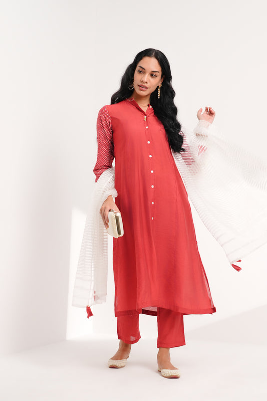 Coral Rouge Chanderi Kurta Set - Antaraa Studio