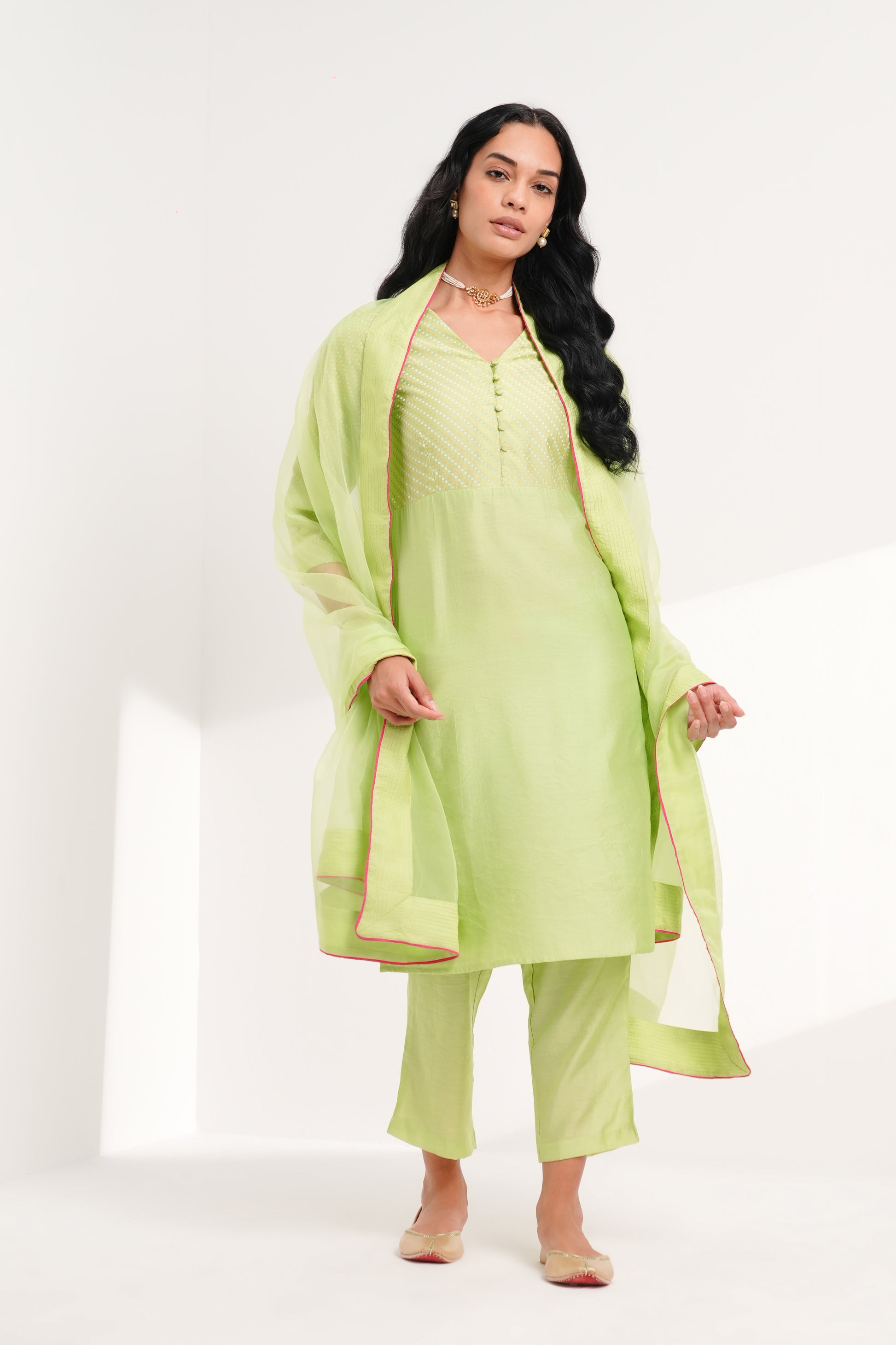 Sage Rani Chanderi Kurta Set - Antaraa Studio