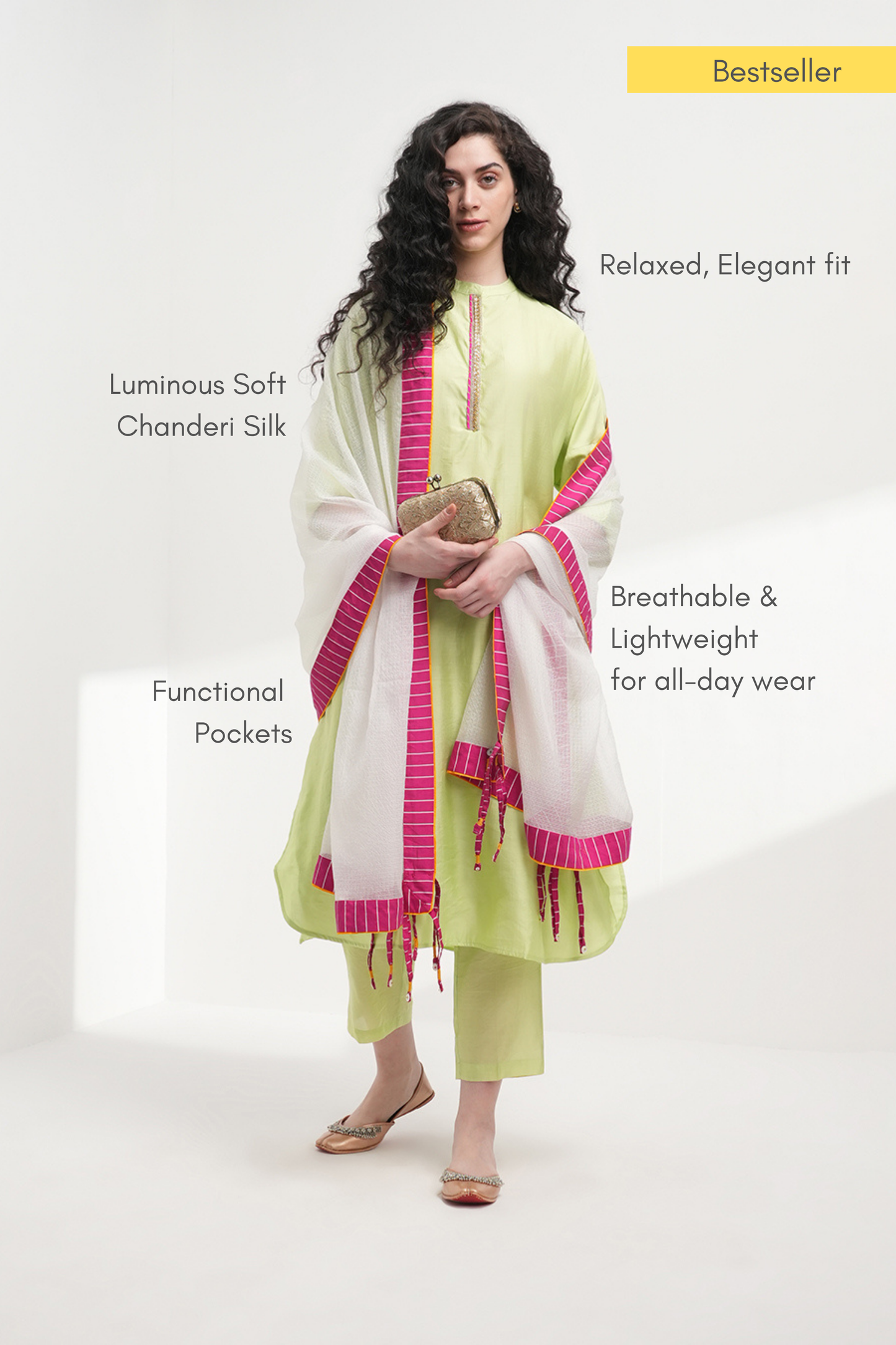 Sukoon Relaxed Chanderi Kurta Set - Green - Antaraa Studio