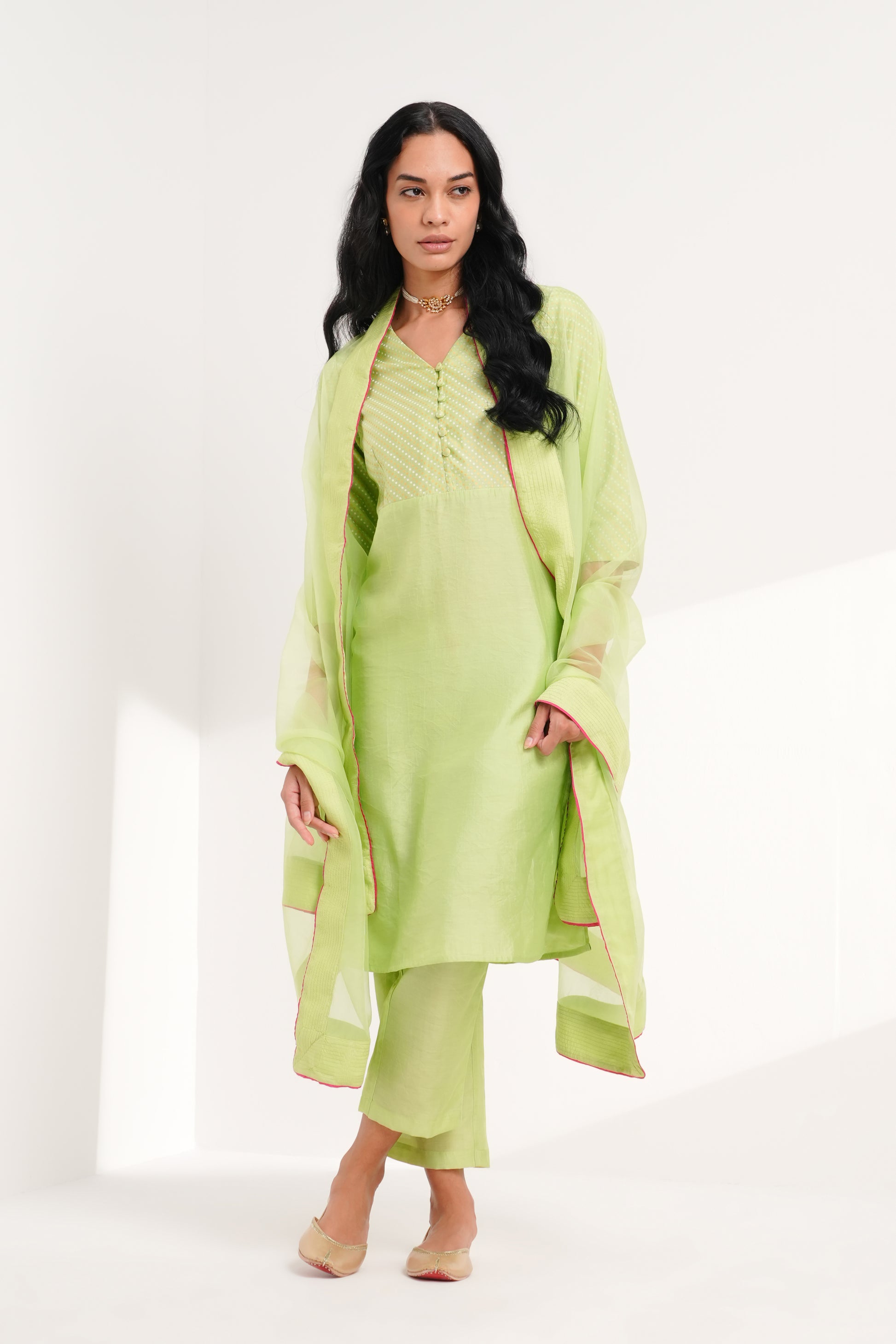 Sage Rani Chanderi Kurta Set - Antaraa Studio