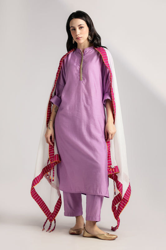 Sukoon Relaxed Chanderi Kurta Set - Lilac - Antaraa Studio